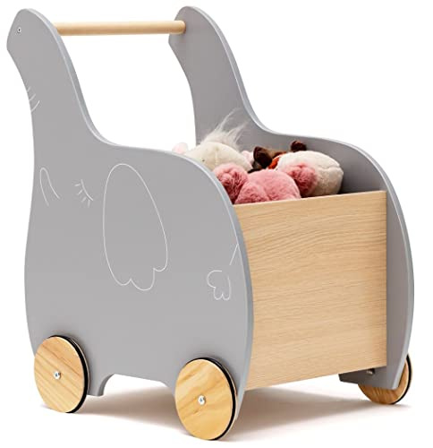 COSTWAY Wooden Baby Walker, 2 in 1 Kids Push Along Toy Cart with Storage Chest and 4 Wheels, Infant Wagon for Boys Girls (Grey)