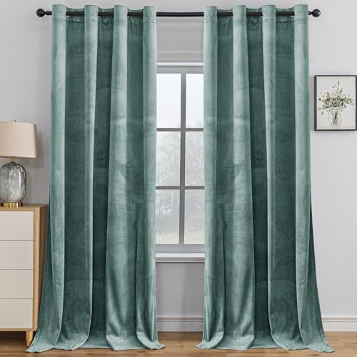 YSTELLAA Sammetsgardiner Om 2 Set, 117 X 137 Cm, Ljustäta För Sovrum, Termiska Gardiner Med Öljetter, Ljudisoleringsgardin Termiskt Isolerad, Värmeisolerande Gardiner För Vardagsrum, Ljusgrön