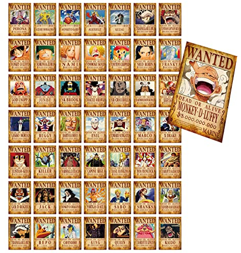 50 Stück Pirates Wanted Posters, 4 x 6 Zoll, Wandkunst, Zuhause, Schlafzimmer, Dekor, Wandcollage, geeignet für Anime-Fans, Geschenk, Jungen, Mädchen, Raumdekoration