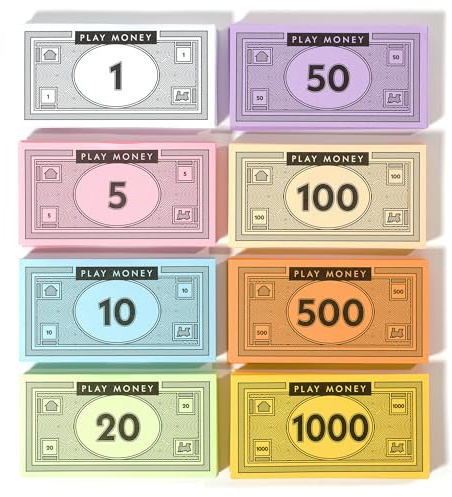 520-bitars låtsaspengar till Brädspel, 8 valörer, Låtsaslekskassa | Få spelkvällen till liv med färgglada låtsaspengar för brädspel, belöningar, matematiklektioner och låtsas spela