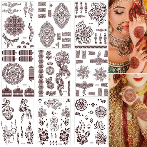 Lace Fake Temporary Tattoo Set,9 Sheets Brown and Red Tattoo Stickers For Women,Chest Arm Lotus Mandala Flower,Waterproof Temporary Stickers For Women,Girls (Red)