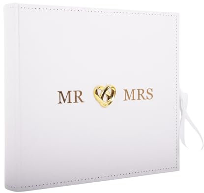 Happy Homewares Beautiful White Ivory Suede Wedding Album Holding 160 4 x 6 Photos with Gold Hearts | MR & MRS in Gold Foil | Customise Wedding Day Info