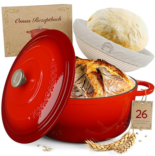 SCHMORGOLD Stampo per pane, 26 cm, con cestino per la fermentazione, pentola in ghisa per il pane, pentola smaltata, pentola in ghisa, pane, accessori per la cottura del pane