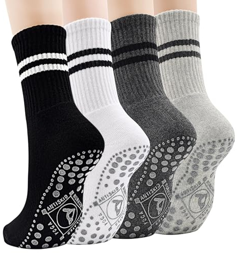 DECOVICI Yoga Stopper Socks Women's ABS Non-Slip Pilates Socks Grip Non-Slip Socks with Nubs, Sports Grip Socks for Fitness, Home, Workout 2/4 Pairs, 1# Black + White + Dark Grey + Light Grey, M