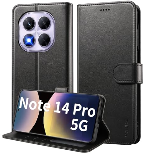 WAURZ Fodral för Xiaomi Redmi Note 14 Pro 5G (inte för 4G), flip-fodral i läder med magnetisk korthållare, skyddsfodral för Redmi Note 14 Pro 5G, svart