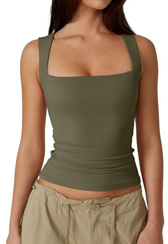 Vest Tank Tops for Women UK Summer Ladies Sleeveless Crop Top Sexy Square Neck Baisc Tight T-Shirt (Army Green,XS)