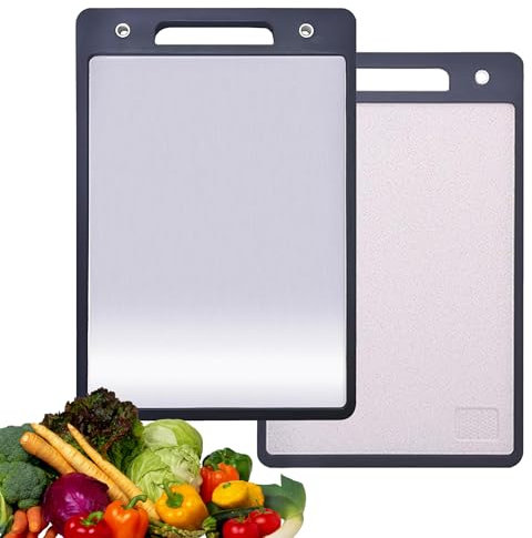 DOORA Cutting Boards, 304 Stainless Steel Cutting Chopping Board, 42 x 28cm Large Two-Sided Cutting Board for Kitchen Meat Cheese Vegetable Fruit Baking Pastry