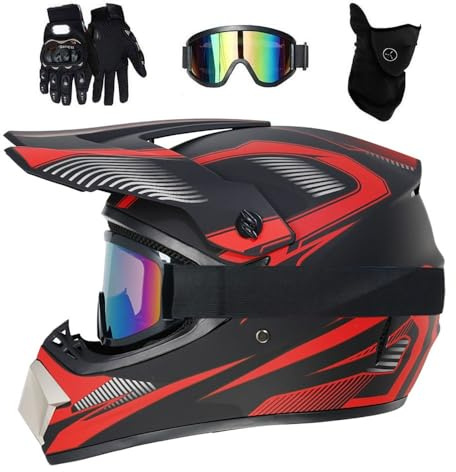 Youth Kids Full Face Motocross Helmet, with Goggles/Masks/Gloves, Unisex Dual Sport Off Road Enduro Motorbike Crash Helmets, Downhill BMX MTB ATV Racing Quad Dirt Bikes Helmet(Red,L/56-57CM)