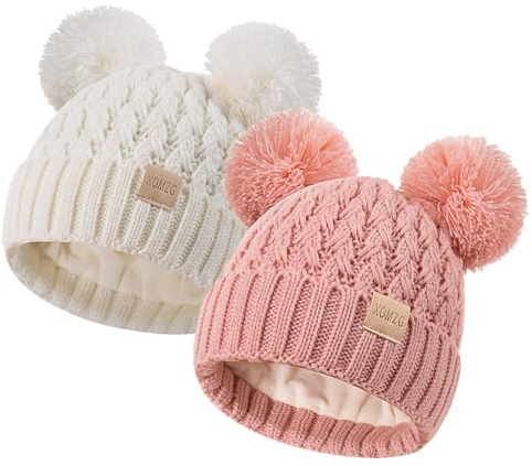 XOMZG Kleinkind Winter Beanie Hut, Kleinkind Winter warm Stricken Fleece gefüttert Mütze für Mädchen Jungen mit Pom Pom für 0-36 Monate 2 Packungen