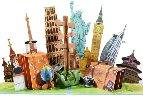3D Pop-Up Card Travel Tarjeta de Vale, Tarjeta 3D Regalo para Cumpleaños, Cupón para Billetes de Avión, para Viaje Despedida Trabajo o Viajeros, para Viajes o Como Cupón de Viaje por la Ciudad