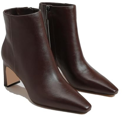 MICIFA Women's Ankle Boots Chunky Low Heel Leather Brown Booties with Side Zipper Square Toe Fall Winter Dress Heeled Short Boots Leather Brown