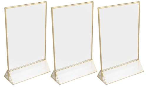TOGEVAL 3 pièces Lot de Porte-menu Acrylique Transparent Double Face T Support Tabletop avec Bordure Dorée pour Restaurant Mariage et Événements