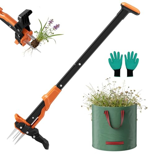 Haedswer Extractor de malas hierbas con bolsa de jardín de 60 L, longitud de 100 cm, con 4 garras fuertes, herramienta de jardín para césped, patio, jardín