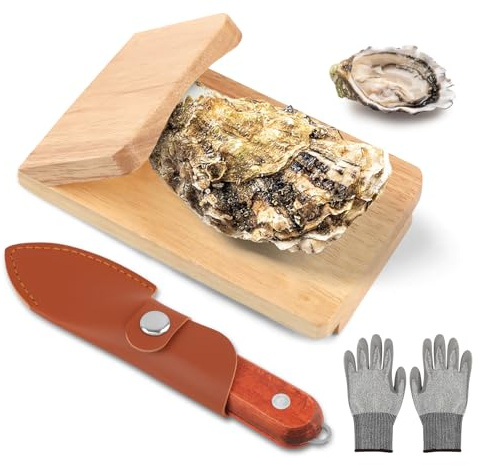 Oyster Knife Shucker Set Oyster Shucking Knife with Wooden holder Oysters Shucking Clamp & Cut Resistant Gloves Seafood Tools for Clam, Shellfish, Crab, Kitchen Knifes Tool Gift