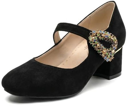 Mary Jane-pumps bröllop mocka rund tå spänne hjärta kristall häl block dam gästskor för ceremoni