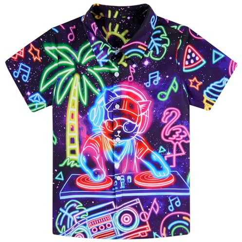 Fanient Boys Button Down Shirts Short Sleeve Neon Print Shirts Casual Wear T-Shirts for Boys 7-14 Years