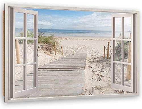 Feeby Photo Murale Fenêtre Vue Plage Paysage 3D 60x40 cm Moderne Décoration Impression Art Image Nature Mer du Nord Mer Baltique Design Bureau Cuisine Salon Chambre à Coucher Beige