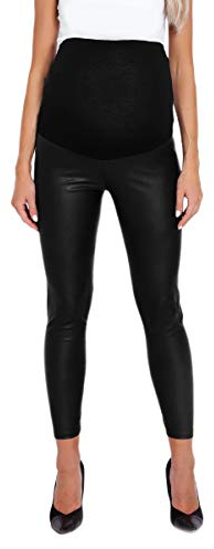 Selente Mummy Love - Pantalones largos de maternidad para mujer, fabricados en la UE, con banda para el vientre, Leggins Negro imitación de cuero, S-M