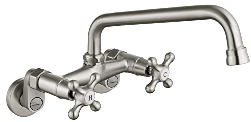 gotonovo Wall Mount Kitchen Sink Faucet Double Cross Handle Commercial Faucet 6 Inch Center Hole Distance Spread Mixer Tap 360 Rotatable Spout 8 Inch Spout Reach Brushed Nickel