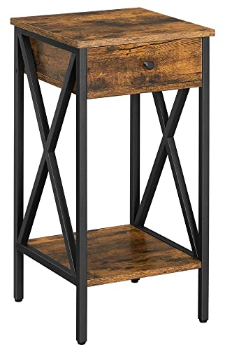 VASAGLE Nightstand, End Table, Tall Bedside Table with Drawer and Storage Shelf, Industrial, Rustic Brown and Black LET501B01