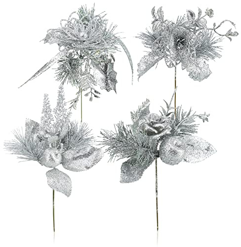 com-four® 4x composizioni decorative, ramoscelli come fantastiche decorazioni natalizie, bellissime decorazioni per la stanza, anche per ghirlande e composizioni floreali (color argento - piccolo)