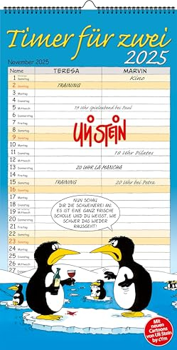 Uli Stein Kalender 2026 - Timer für Zwei - Wandkalender- 240x460mm - Jahreskalender mit Motiv Seiten & Spiralbindung + 5 Postkarten Geschenk - Monatskalender mit lustigen Sprüchen