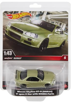 Hot Wheels Premium Nissan Skyline GT-R, 1:43rd Scale Vehicle, Officially Licensed Replicas for Adult Collectors, Real Riders Tires, Metal/Metal Body & Chassis, HMD47