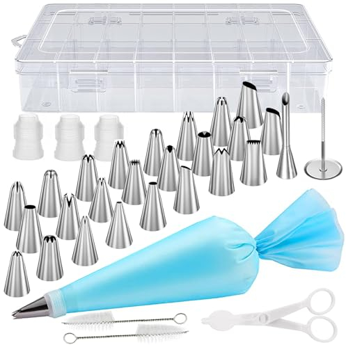 34-Teiliges Spritzbeutel Set Mit Edelstahldüsen und Kupplung - Silikon Torten Zubehör Zum Backen - Wiederverwendbar für Cupcakes und Kuchen Dekorieren