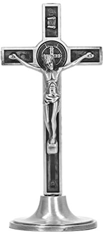 Tissting Cruz Católica de Mesa, 12cm Crucifijo de Pie con Base Extraíble, Crucifijo Católico de Metal para Regalo de Decoración Astilla