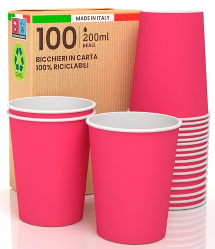 Baciato Caffè 100 Bicchieri in Carta 200ml Ecologici Biodegradabili Monouso Made in Italy Asporto Bevande Calde Acqua Colorati FUCSIA - Prodotto e Confezionato in Italia