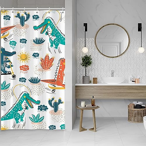 ASDCXZ Kinder Duschvorhang 120x200 cm, Niedlich Cartoon Krokodil Kaktus Sonne Wolke Bad Waschbar Schmal Duschvorhänge mit ösen Polyester Textil Wasserdicht Duschvorhang für Badewanne mit 8 Haken