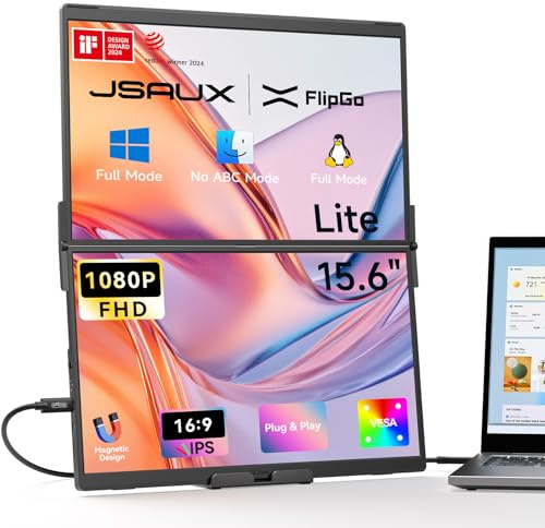 JSAUX FlipGo Lite 15.6 Dual Laptop Screen Extender, 1080P Triple Monitor Display Erweiterung, Bildschirm Erweiterung für Windows/Linux, EIN-Kabel-Verbindung/Magnetisches Design/Built-in Hub