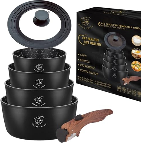 Royal Swiss 6 Piece Saucepan Set with Removable Handle – 14/16/18/20 cm Non Stick Pans with Universal Glass Lid – Induction Ready, Oven Safe, Stackable Cookware Set