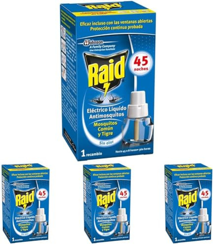 Raid Recambio Eléctrico Líquido 45 Noches - Cargador para Aparato Enchufe antimosquitos comunes y Tigre, sin Olor (Paquete de 4)