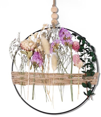BTBHIHO Couronne de porte ronde de 25 cm avec fleurs séchées - Couronne de porte de bienvenue avec anneau en fer - Plaque de bienvenue - Couronne de fleurs séchées DIY - À suspendre pour porte