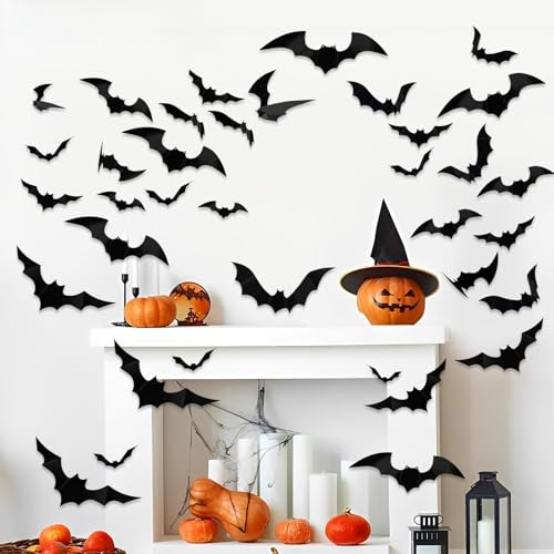 140 adesivi da parete 3D a pipistrello, 5 misure, decorazione a pipistrello, in PVC, per Halloween, feste, esterni, decorazione per finestre, accessori gotici