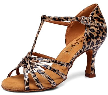 Hixingo Scarpe da Ballo Latino Donna Tacco 7.5CM, per Le Donne Tacchi Bassi per Salsa Jazz Ballroom,Sala da Ballo Partito, Salsa Danza Pratica Prestazioni Scarpe (37,Stampa Leopardata 1)