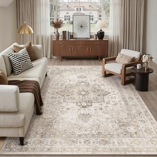 PureCozy Vintage Alfombra Salon 200x300cm Alfombras de Habitacion Beige Carpet Lavable Lavadora Pelo Corto Rug Antideslizante Tapetes para Sala Tapete Quarto Comedor Rugs