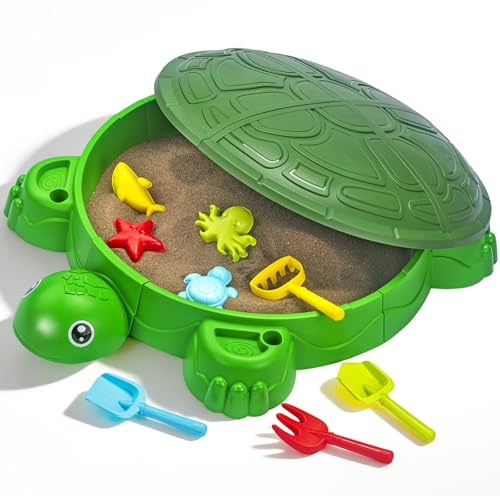 VROGTIK Turtle Sandbox with Lid & Beach Toys Set, 38 Kids Sandbox for Toddlers 3-8, Indoor Outdoor Sensory Play Sand Box with Cover, Summer Gift for Ages 3-8