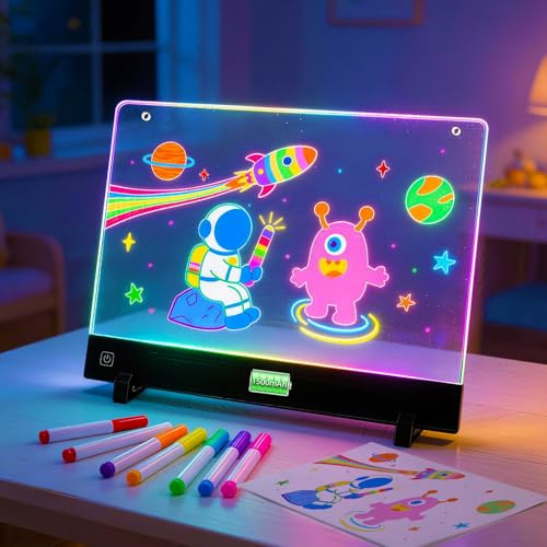 17” Rechargeable Led Drawing Board for Kids, Glow Doodle LED Note Board with 7 Colors and 4 Modes, Neon Acrylic Dry Erase Board with 7 Markers and Tracing Book, Sketching Gift Toy for Kids/Girls/Teens