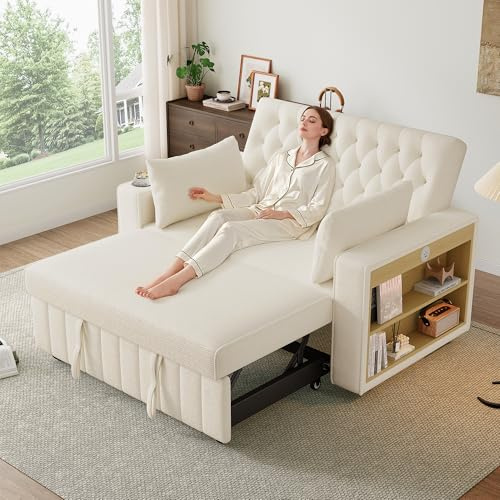 Yihomfy Canapé-lit 2 Places,Canapé Convertible avec Coussins Porte-gobelet, Espace de Rangement - Canapé-Lit Convertible Moderne Canapé-lit Pliant 3 en 1 avec Dossier Réglable,Beige