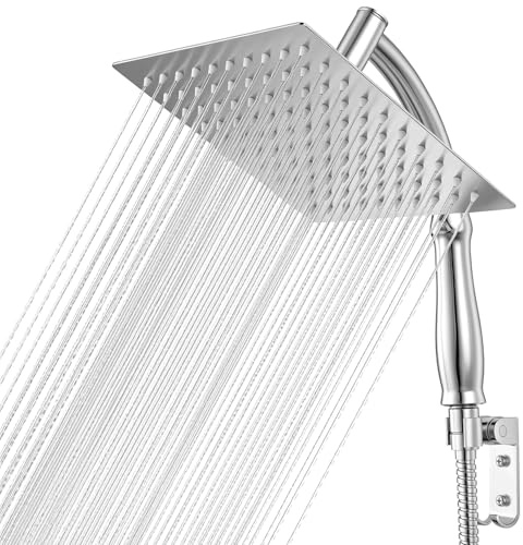 QWORK® Pommeau de Douche Effet Pluie Carré, 304 Acier Inoxydable Tete de Douche avec Support Mural, pour Salle de Bain & Spa