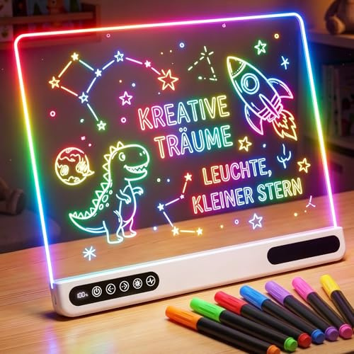 Tableau Lumineux LED pour Enfants, 7 Couleurs et 4 Modes d'Éclairage, Rechargeable avec Batterie Intégrée et Indicateur de Batterie, Réutilisable pour Dessiner, Cadeau Créatif Fille Garçon 3-12 Ans