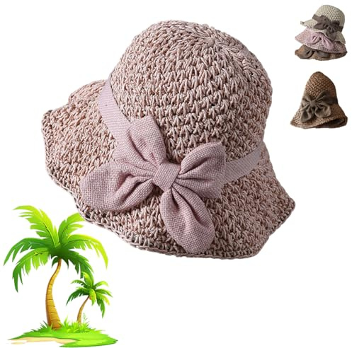 ZBELLO Versatile Retro Woven Handmade Straw Hat with Ruffled Bow, Womens Straw Bucket Hat Foldable Wide Brim Floppy Beach Sun Hats, French Sun Hat for Women
