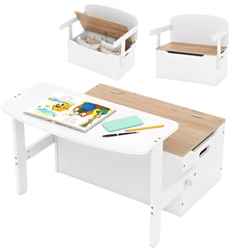 Set med bord och stol för barn – 3-i-1 konvertibel leksaksbox i trä förvaringsbänk med handtag, organiseringsskåp möbler för daghem och lekrum