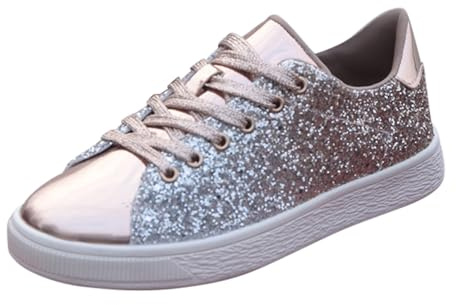 Dammode sneakers glänsande glitter paljetter snörning träningsskor lätta avslappnade promenadskor bekväma platta sneakers för fest fritid dagligen dagligen, Guld, 38 EU