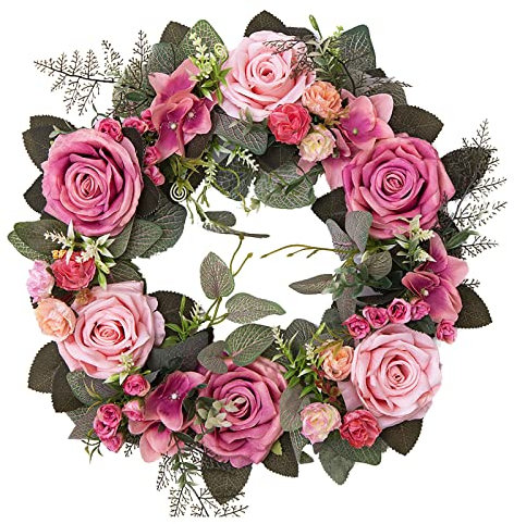 Plcnn 45cm Artificial Rose Wreath, Spring Summer Floral Wreaths Eucalyptus Wreath for Front Door Home Garden Window Decor