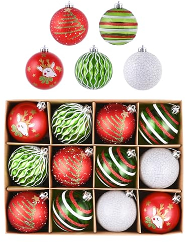 Valery Madelyn Weihnachtskugeln,12stück 8cm Christbaumkugeln Weihnachtskugel mit Geschenkpaket, Weihnachtsbaumschmuck Christbaumschmuck mit Aufhänger,deko Weihnachten,Thema Rot Grün Weiß