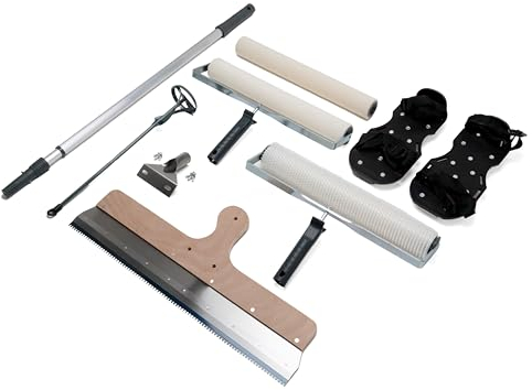 Set attrezzi per pavimenti resina epossidica composto livellante | Rullo frangibolle da 40 cm e manico telescopico per rullo | Miscelatore elica | Raschietto livellatore | Scarpe chiodate