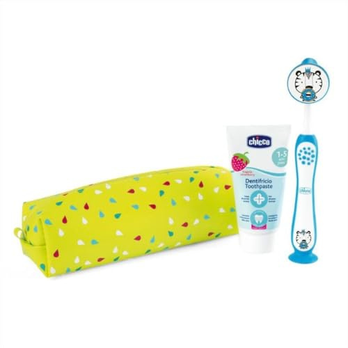 Chicco, Zahnbürste für Kinder, Erste Zahnbürste mit Ergonomischem, Rutschfestem Griff, Zungenreiniger, Schutzkappe und Saugnapf, Mundhygiene für Kinder im Alter von 3-6 Jahren